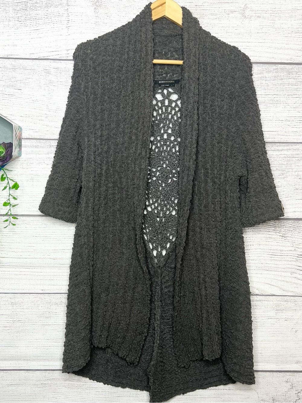 BCBGMaxAzria Charcoal Gray Textured Boho Crochet Back Cardigan Size Small